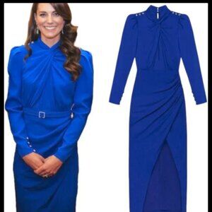 NWT Self-Portrait Womens Crepe Twisted Collar Midi Dress Kate Middleton, Blue